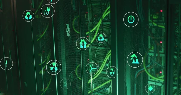 Image of icons floating over servers. network, programming, computers and technology concept digitally generated image.