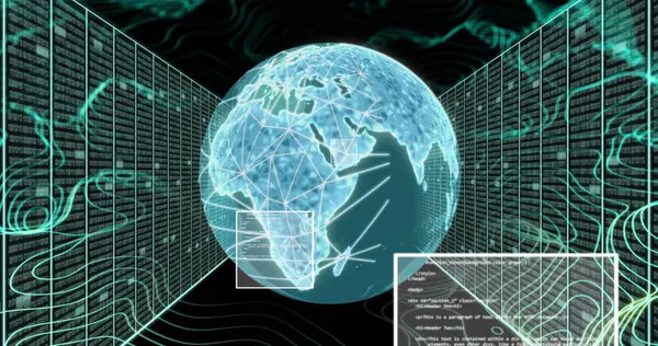 Image of data processing over globe and connections. Global networks, digital interface, computing and data processing concept digitally generated image.