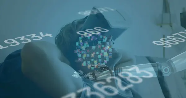 Image of numbers changing and globe of connections over man wearing vr headset in background. digital interface global connection and communication concept digitally generated image.