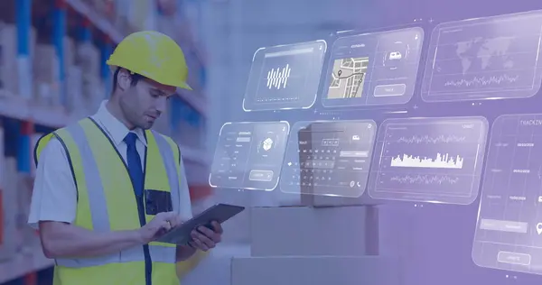 Image of data processing on screens over caucasian man working in warehouse. Global shipping, networks, digital interface, computing and data processing concept digitally generated image.