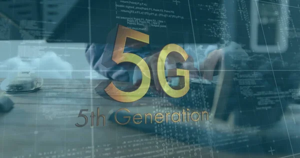 Image of 5g 5th generation text over data processing and person using computer in background. Digital interface global connection and communication concept digitally generated image.