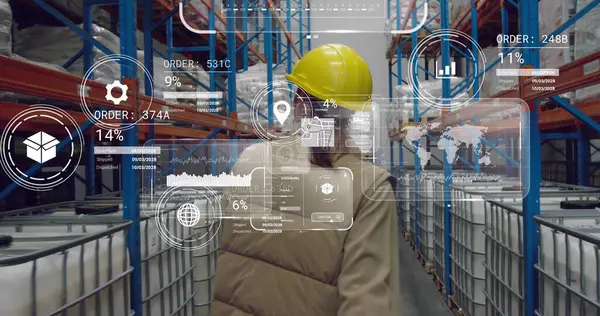 Image Data Processing Screens Caucasian Woman Working Warehouse Global Shipping — Stock Photo, Image
