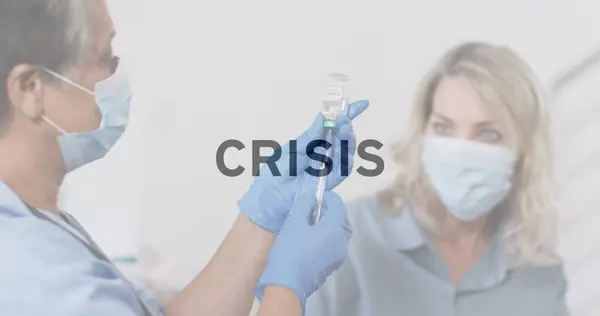 与戴口罩接种疫苗的妇女相比的危机文本图像 全球联盟19大流行病 健康和医学概念数码图像 — 图库照片