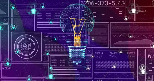 Image of light bulb, connections and data processing. Global electricity, cloud computing, digital interface and data processing concept digitally generated image.