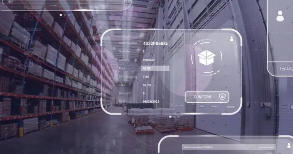 Image of data processing on screens over warehouse. Global shipping, networks, digital interface, computing and data processing concept digitally generated image.