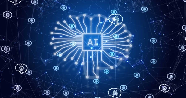 Image of ai data processing over connections with icons. Global artificial intelligence, computing, digital interface and data processing concept digitally generated image.