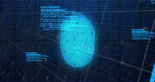 Afbeelding Van Blauwe Biometrische Vingerafdruk Gegevensverwerking Digitale Interface Globaal Verbindings — Stockfoto