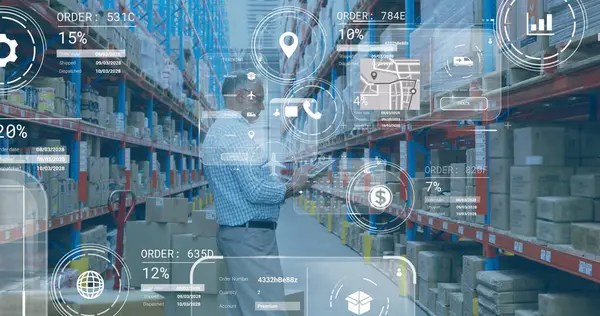 Image of data processing on screens over caucasian man working in warehouse. Global shipping, networks, computing and data processing concept digitally generated image.