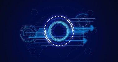 Ekrandaki dürbün taraması ve okların resmi. küresel teknoloji, dijital arayüz ve dijital olarak oluşturulan veri işleme konsepti.