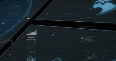 Siyah arkaplan üzerinde veri işleme resmi. küresel iş ve dijital arayüz kavramı dijital olarak oluşturulmuş görüntü.