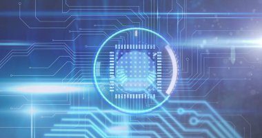 Bilgisayar devre kartında tarama yapan bir kamera görüntüsü. küresel teknoloji, dijital arayüz ve dijital olarak oluşturulan veri işleme konsepti.