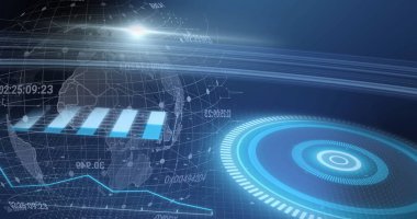 Kapsam görüntüsü, dünya çapında veri işleme. Dijital olarak oluşturulan küresel çevrimiçi güvenlik, işletme, finans, bilgisayar ve veri işleme kavramı.