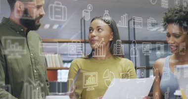 Ofiste çalışan çeşitli iş adamlarının simgeleri. Küresel iş ve dijital arayüz kavramı dijital olarak oluşturulmuş görüntü.