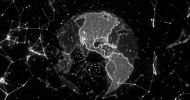 Siyah dijital alan üzerinde bağlantıları olan bir dünya görüntüsü. Dijital olarak oluşturulmuş küresel bağlantılar, ağ, veri ve teknoloji konsepti.