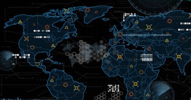 Dünya haritasında istatistik ve veri işleme resimleri. Küresel bilim, iş, finans, hesaplama ve veri işleme kavramı dijital olarak oluşturulmuş görüntü.
