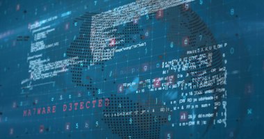 Mavi arkaplan üzerinde veri işleme ve küre resmi. Sosyal medya ve dijital arayüz konsepti dijital olarak oluşturuldu.