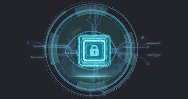 Veri işleme görüntüsü ve siyah arkaplan üzerindeki asma kilit. Sosyal medya ve dijital arayüz konsepti dijital olarak oluşturuldu.