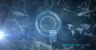 Microprocessor connections over round scanner spinning and digital interface with data processing. computer interface and technology concept