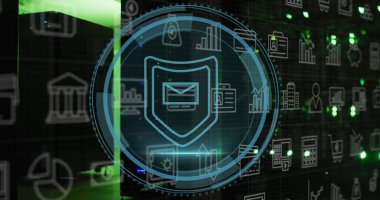 Sunucu odasında veri işleme resmi. Sosyal medya ve dijital arayüz konsepti dijital olarak oluşturuldu.