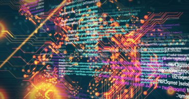 Siyah arkaplan üzerinde veri işleme resmi. Sosyal medya ve dijital arayüz konsepti dijital olarak oluşturuldu.