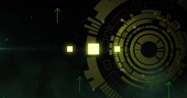 Siyah arkaplan üzerinde veri işleyen dürbün ve okların resmi. Dijital arayüz, hesaplama ve veri işleme kavramı dijital olarak oluşturuldu.