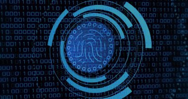 Biyometrik okuma üzerine ikili kodlama ve veri işleme resmi. Dijital olarak oluşturulan küresel çevrimiçi güvenlik, işletme, finans, bilgisayar ve veri işleme kavramı.