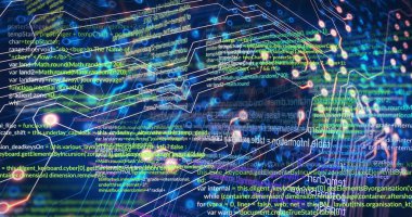 Siyah arkaplan üzerinde veri işleme resmi. Sosyal medya ve dijital arayüz konsepti dijital olarak oluşturuldu.