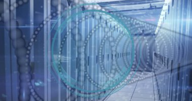 Veri işleme ve sunucu odasının üstündeki noktaların resmi. Sosyal medya ve dijital arayüz konsepti dijital olarak oluşturuldu.