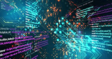 Siyah arkaplan üzerinde veri işleme resmi. Sosyal medya ve dijital arayüz konsepti dijital olarak oluşturuldu.