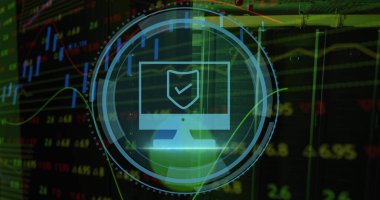 Veri işleme ve sunucu odasında bilgisayar simgesi resmi. Sosyal medya ve dijital arayüz konsepti dijital olarak oluşturuldu.