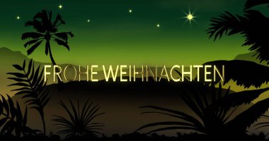 Yeşil arkaplandaki tropikal manzara üzerindeki Frohe Wihnachten metni. Noel, gelenek ve kutlama konsepti dijital olarak oluşturulmuş imaj.