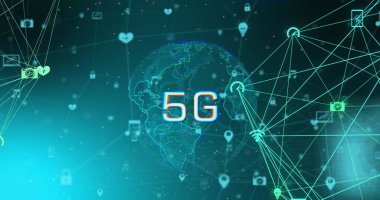 Dünya üzerinde 5G görüntü, veri ve dijital ekran bağlantıları. Küresel bağlantılar, iletişim, ağ, veri ve teknoloji konsepti dijital olarak oluşturuldu.