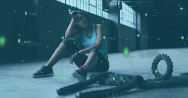 Ağır nefes alan bir kadın için istatistik ve grafikler. Dijital arayüz küresel spor ve performans konsepti dijital olarak oluşturulmuş görüntü.