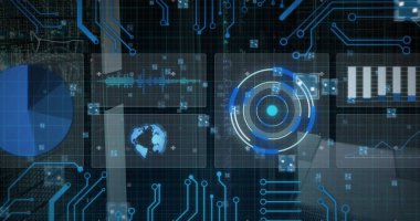 Veri işleme ve bilgisayar devre kartlarının resmi. Küresel iş, finans, bilgisayar ve veri işleme kavramı dijital olarak oluşturulmuş görüntü.