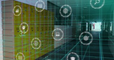 Okul koridorunda simgelerle veri işleme resmi. Küresel eğitim, işletme, finans, hesaplama ve veri işleme kavramı dijital olarak oluşturulmuş görüntü.