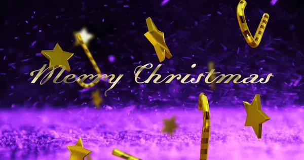 Afbeelding Van Vrolijke Kersttekst Snoepstokken Sterren Roze Deeltjes Zwarte Achtergrond — Stockfoto