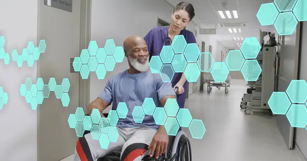 Image of medical data processing over biracial female doctor with male patient. Global medicine, healthcare, digital interface, computing and data processing concept digitally generated image.