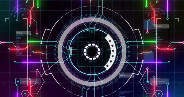 Entegre devre ve dijital uzayda renkli ışıklar üzerinde çember işleme görüntüsü. Dijital ekran, arayüz, bilgisayarlar, veri ve teknoloji konsepti dijital olarak oluşturuldu.
