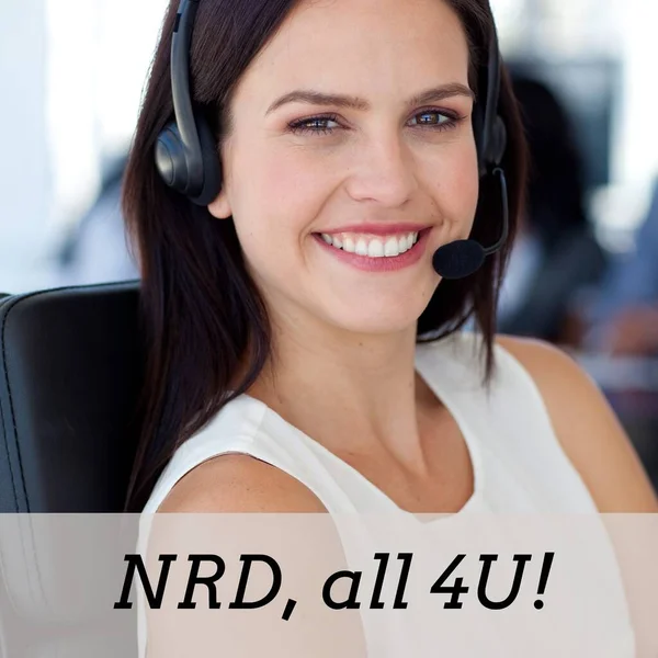 Composition of nrd all for you text over caucasian businesswoman using phone headset. Receptionist day, professional and office work concept digitally generated image.