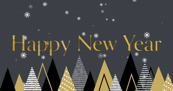 Image of happy new year text over christmas trees on grey background. New year, christmas, tradition and celebration concept digitally generated image.