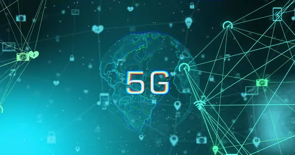 Dünya üzerinde 5G görüntü, veri ve dijital ekran bağlantıları. Küresel bağlantılar, iletişim, ağ, veri ve teknoloji konsepti dijital olarak oluşturuldu.