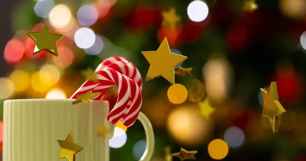 Image Gold Stars Christmas Decorations Mug Candy Canes Background Christmas — Stock Photo, Image
