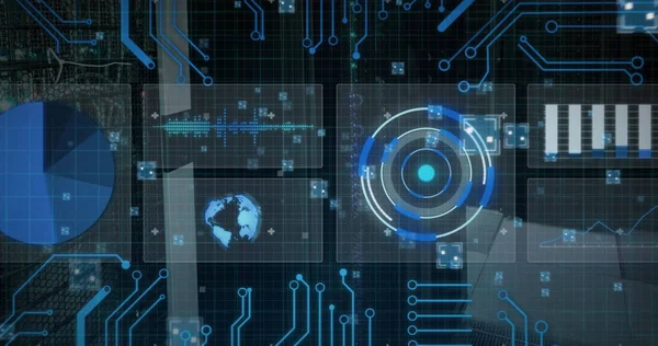 Veri işleme ve bilgisayar devre kartlarının resmi. Küresel iş, finans, bilgisayar ve veri işleme kavramı dijital olarak oluşturulmuş görüntü.