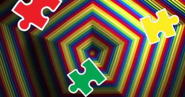 彩虹六边形上五彩缤纷的拼图的动画 自闭症宣传日概念数字制作的视频 — 图库视频影像