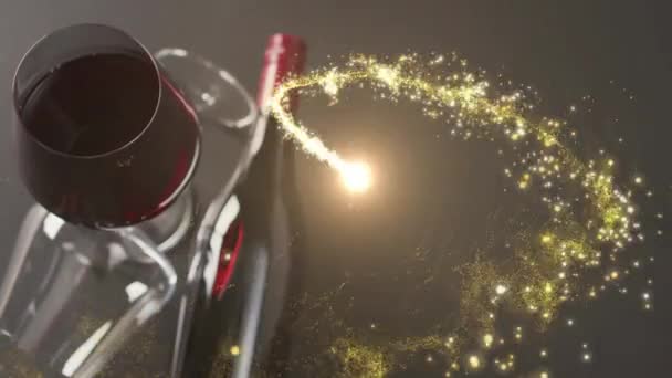 Samengestelde Uit Vallende Ster Glas Fles Rode Wijn Zwarte Achtergrond — Stockvideo