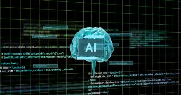 人間の脳のアニメーションと ブラックバックグラウンドでデータ処理 グローバル人工知能 データ処理 デジタルインターフェース コンピューティングコンセプトをデジタル生成したビデオ — ストック動画