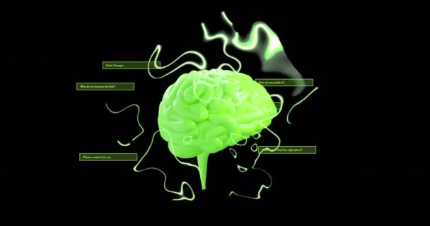 Animering Mänsklig Hjärna Och Databehandling Över Svart Bakgrund Global Artificiell — Stockvideo
