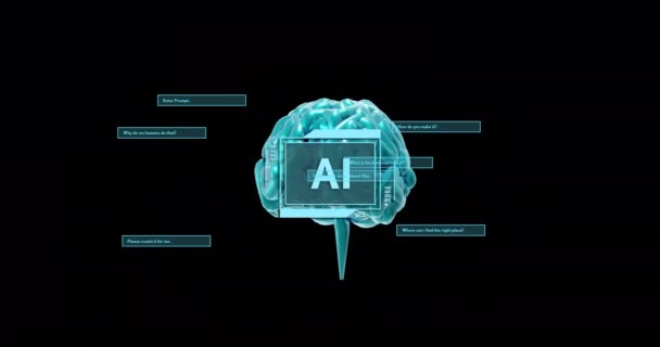人間の脳のアニメーションと ブラックバックグラウンドでデータ処理 グローバル人工知能 データ処理 デジタルインターフェース コンピューティングコンセプトをデジタル生成したビデオ — ストック動画