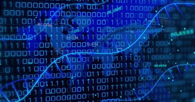 Karanlık arka planda tıbbi veri işleme resmi. Küresel tıp, teknoloji, veri işleme ve dijital arayüz kavramı 