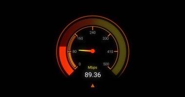 Siyah arkaplanda turuncu hız göstergesi. İnternet hızı, aktarım, iletişim ve teknoloji konsepti dijital olarak oluşturulmuş görüntü.